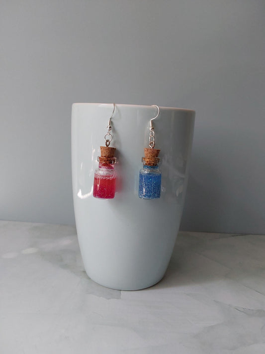 Potion bottle drop earrings with red and blue glitter potions health mana pierced