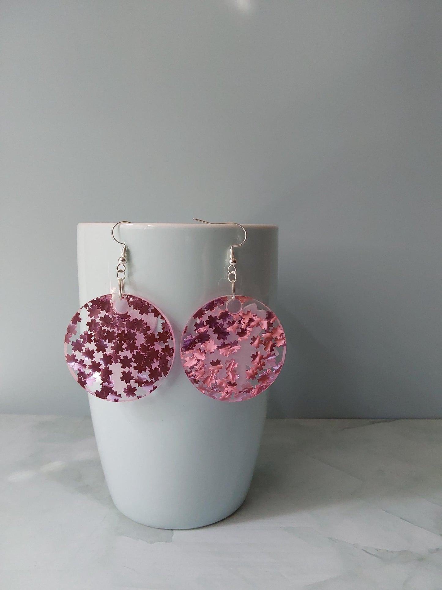 Pink Cherry Blossom Drop Earrings. Circle with pink glitter