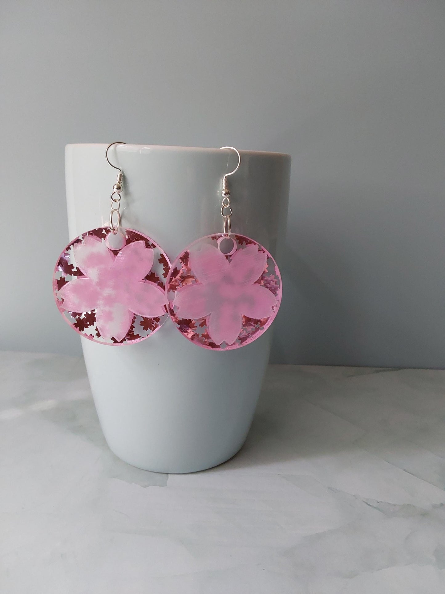 Pink Cherry Blossom Drop Earrings. Circle with pink glitter