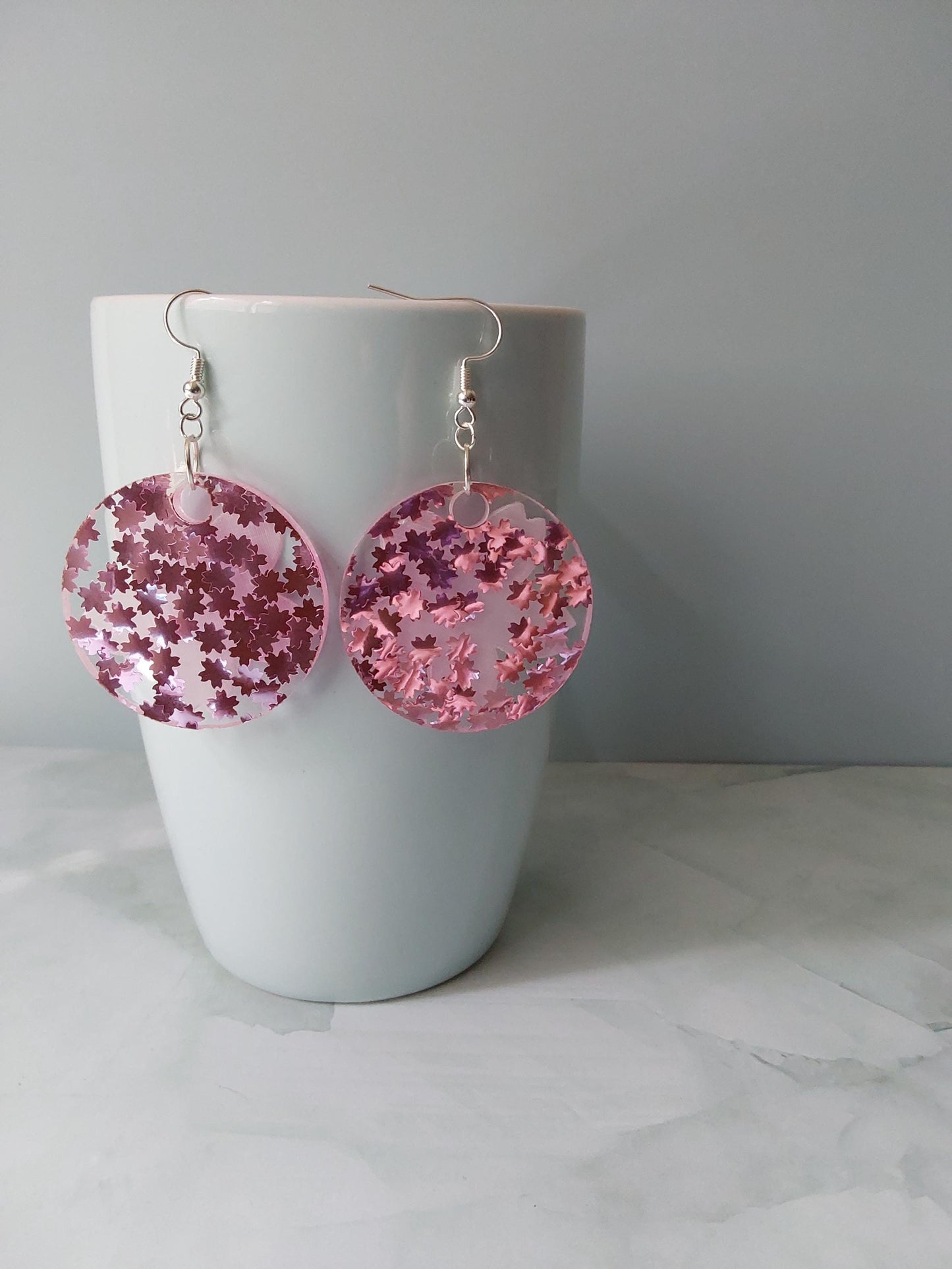 Pink Cherry Blossom Drop Earrings. Circle with pink glitter